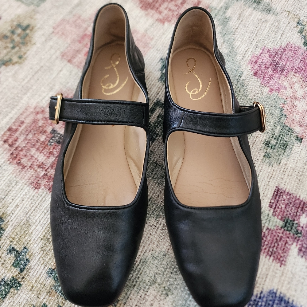 Sam Edelman Black Leather Mary Jane Flats with Gold Buckle